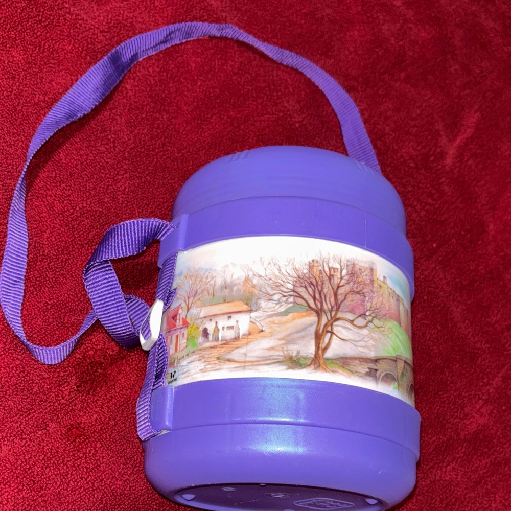 Vintage Purple Thermo with 3 steel containers inside with lid.
